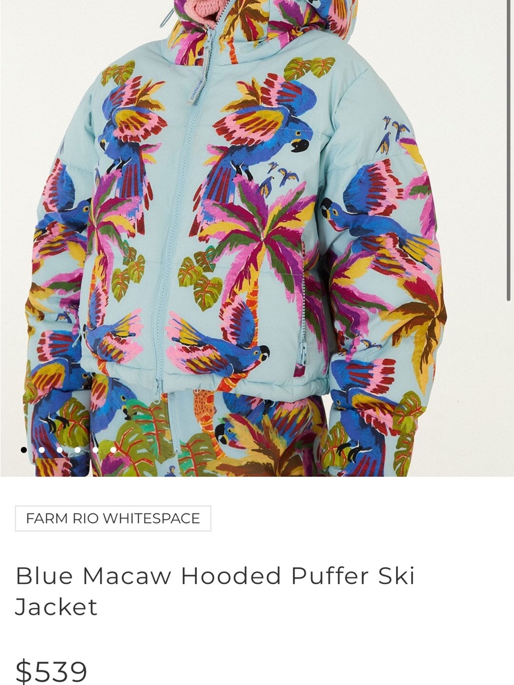 FARM Rio Light Blue Macaw-Print Hooded Puffer Jacket